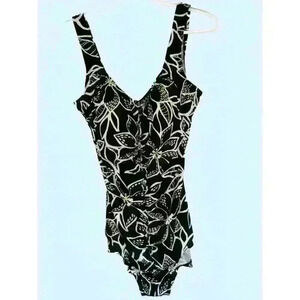 Maxine of Hollywood 1-Piece Swimsuit sz 14 built-in bra ruched floral black
